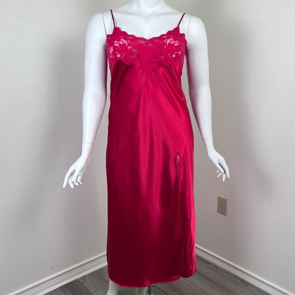 Victoria's Secret Red Sheer Lace Satin Size L Romantic Midi Slip Y2K Sexy Dress - Picture 10 of 14